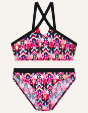 Ikat Foil Print Front Bikini Set, Orange (ORANGE), large
