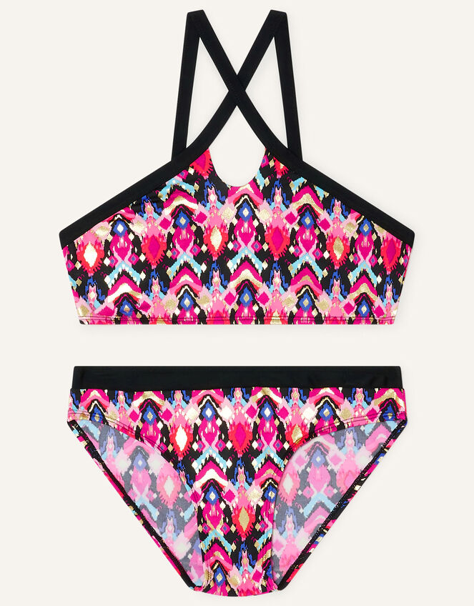 Ikat Foil Print Front Bikini Set, Orange (ORANGE), large