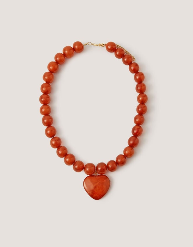 Heart Resin Beaded Necklace, Orange (AMBER), large
