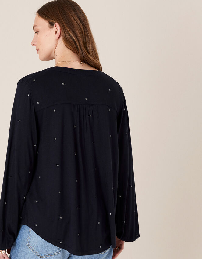 Embroidered Long Sleeve Blouse in LENZING™ ECOVERO™, Blue (NAVY), large