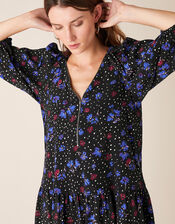 Floral Zip Neck Short Dress, Black (BLACK), large