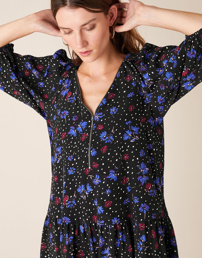 Floral Zip Neck Short Dress, Black (BLACK), large