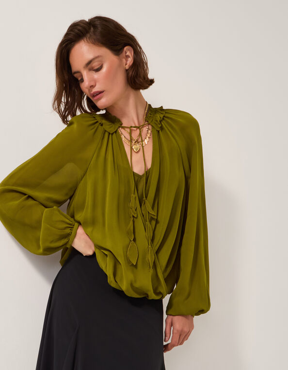Ellie Frill Neck Blouse, Green (KHAKI), large