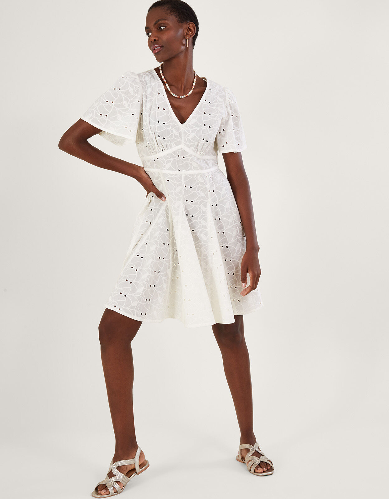 Schiffli V Neck Pleated Short Dress White