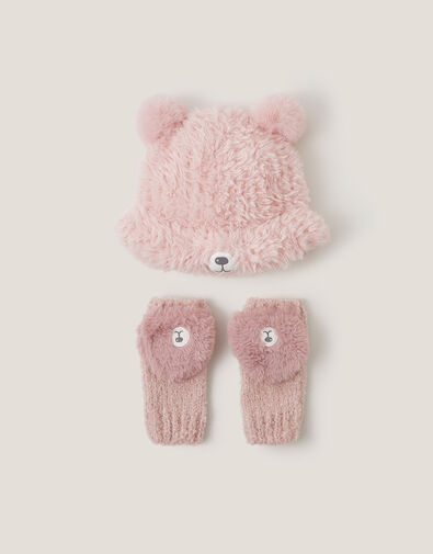Fluffy Teddy Hat & Mitten Set, Pink (PINK), large