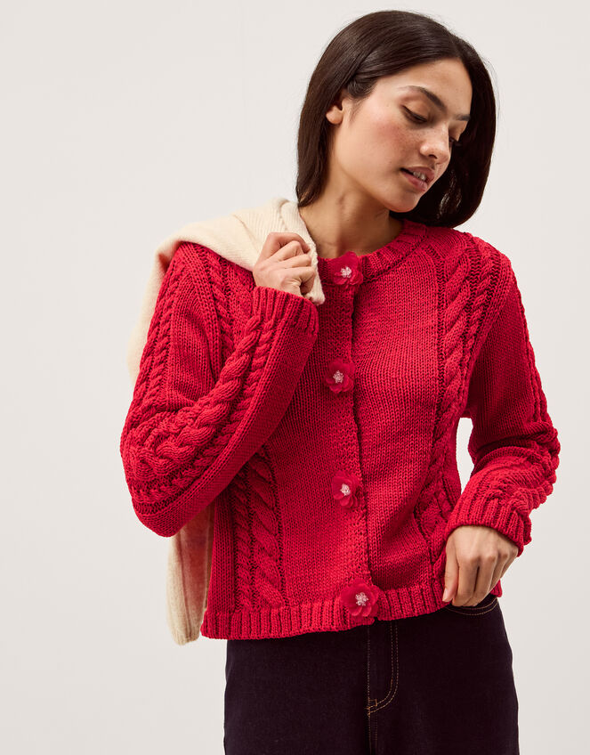 Kelly Flower Button Cable Knit Cardigan Red