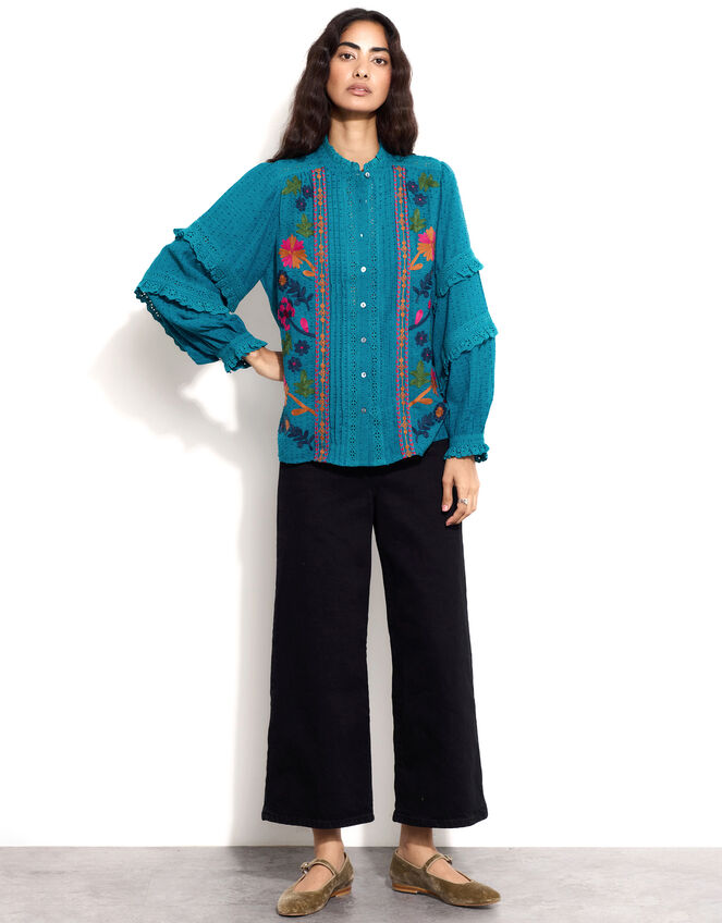 East Embroidered Ruffle Sleeve Blouse, Green (GREEN), large