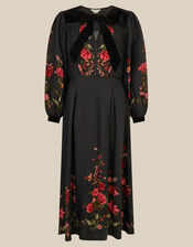 Camille Velvet Bow Floral Print Midi Dress, Black (BLACK), large