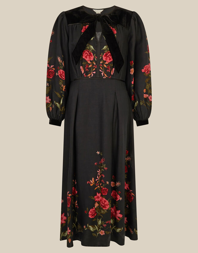 Camille Velvet Bow Floral Print Midi Dress, Black (BLACK), large