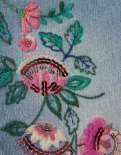 Sequin Floral Embroidered Wide Leg Jeans, Blue (BLUE), large