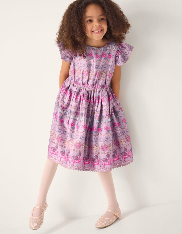 Magical Unicorn Print Satin Dress, Purple (PURPLE), large