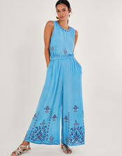 Embroidered Wide Leg Trousers in LENZING™ ECOVERO™, Blue (BLUE), large