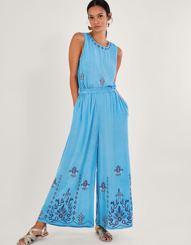 Embroidered Wide Leg Trousers in LENZING™ ECOVERO™ Blue | Trousers ...