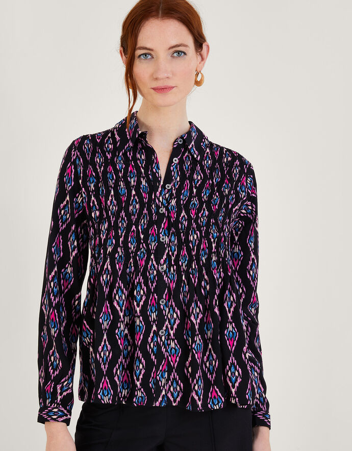 Ikat Print Shirred Blouse in LENZING™ ECOVERO™ Pink | Tops & T-shirts ...