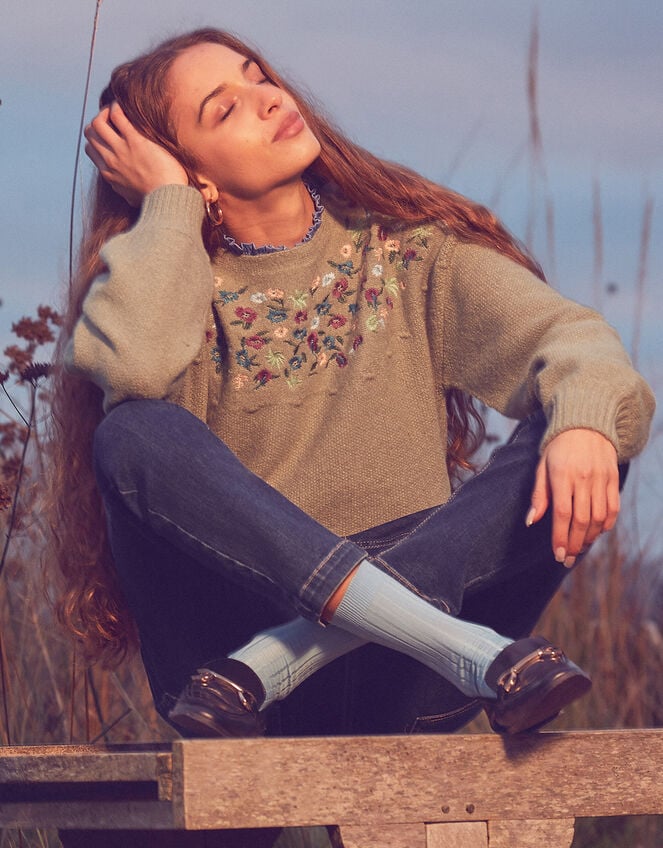 Embroidered Yoke Longline Jumper, Green (SAGE), large