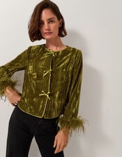 Olivia Feather Cuff Velvet Jacket, Green (OLIVE), large