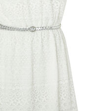 Leah Lace Bardot Dress with Belt, Ivory (IVORY), large
