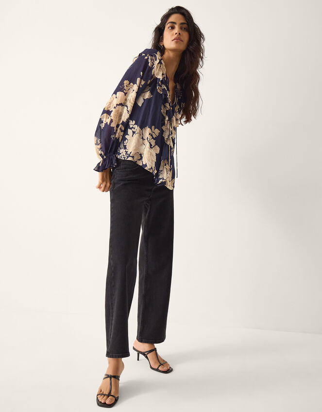 Sasha Floral Print Ruffle Blouse Blue