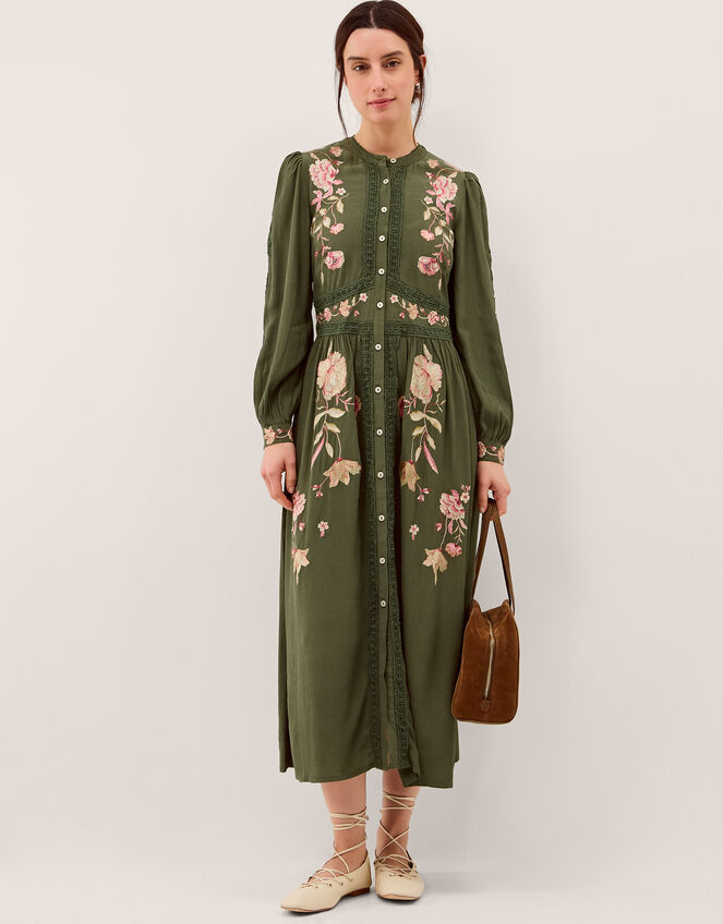 Amelie Floral Embroidered Midi Dress, Green (DARK GREEN), large