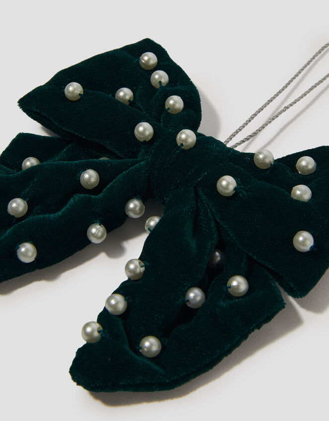 Embellished Pearl Bow Christmas Tree Decoration, Teal (TEAL), large