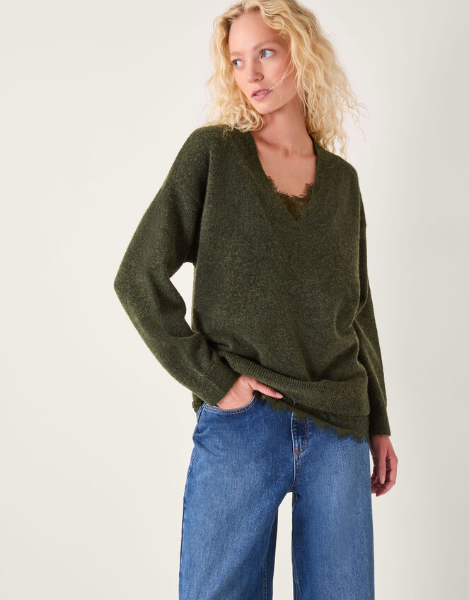 Leanne Lace V-Neck Jumper, Green (KHAKI), large