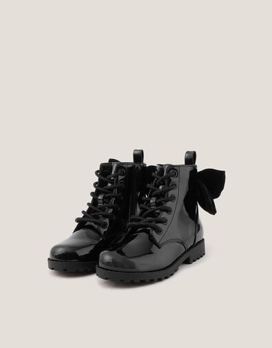 Bow Patent Lace Up Boots, Black (BLACK), large