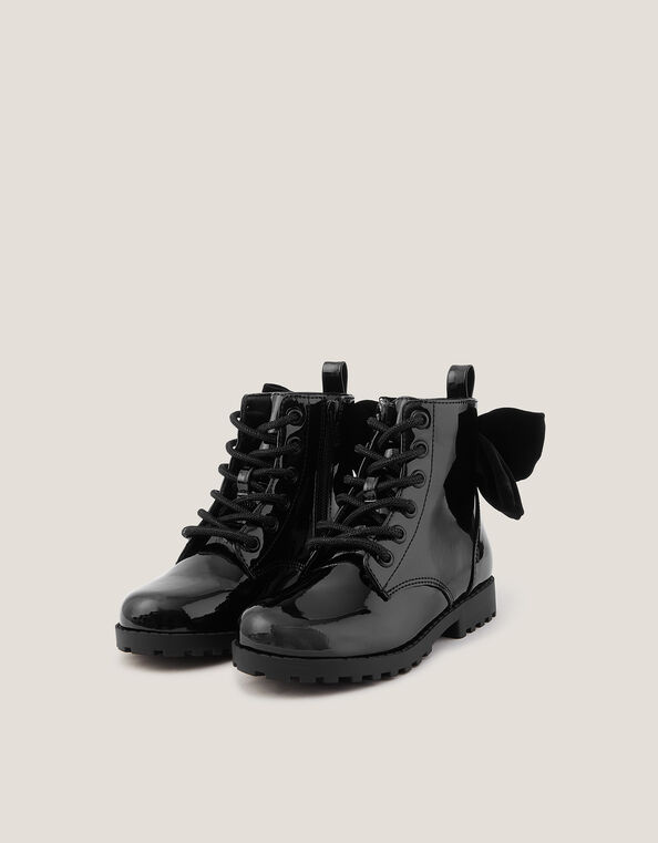 Bow Patent Lace Up Boots, Black (BLACK), large