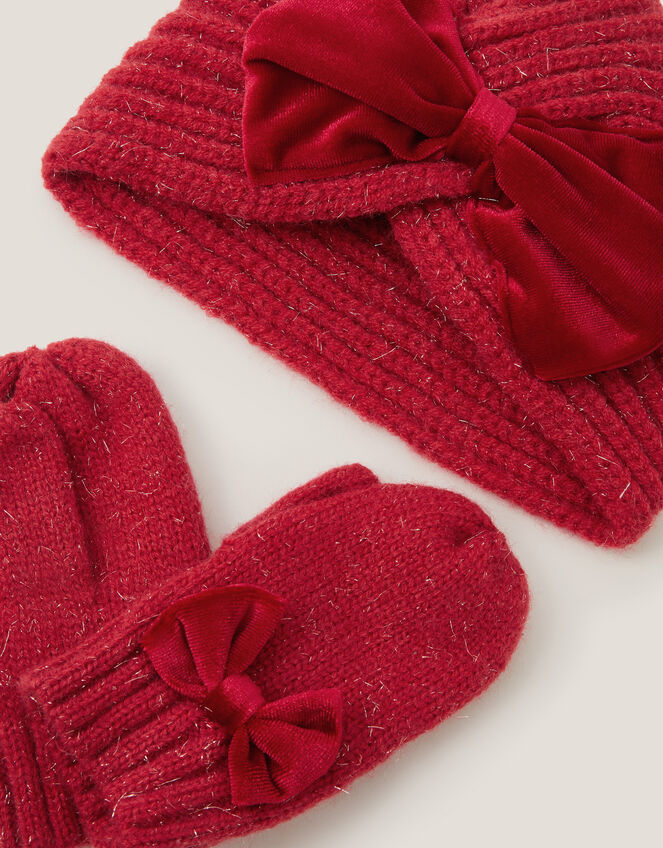 Baby Bow Knitted Hat & Mittens Set, Red (RED), large