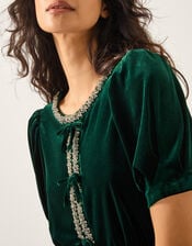 Celeste Embellished Bow Velvet Midi Dress, Green (DARK GREEN), large