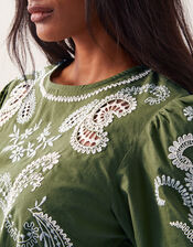 Noemi Embroidered Cotton Top, Green (KHAKI), large