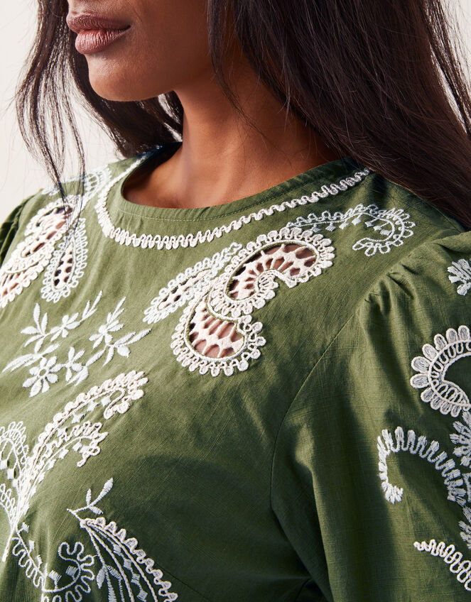Noemi Embroidered Cotton Top, Green (KHAKI), large