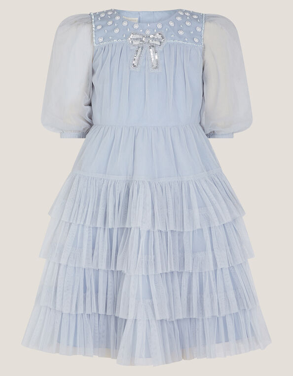 Long Sleeve Bow Beaded Ruffle Dress, Blue (BLUE), large