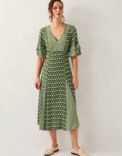 Maren Geometric Print Midi Tea Dress, Green (KHAKI), large
