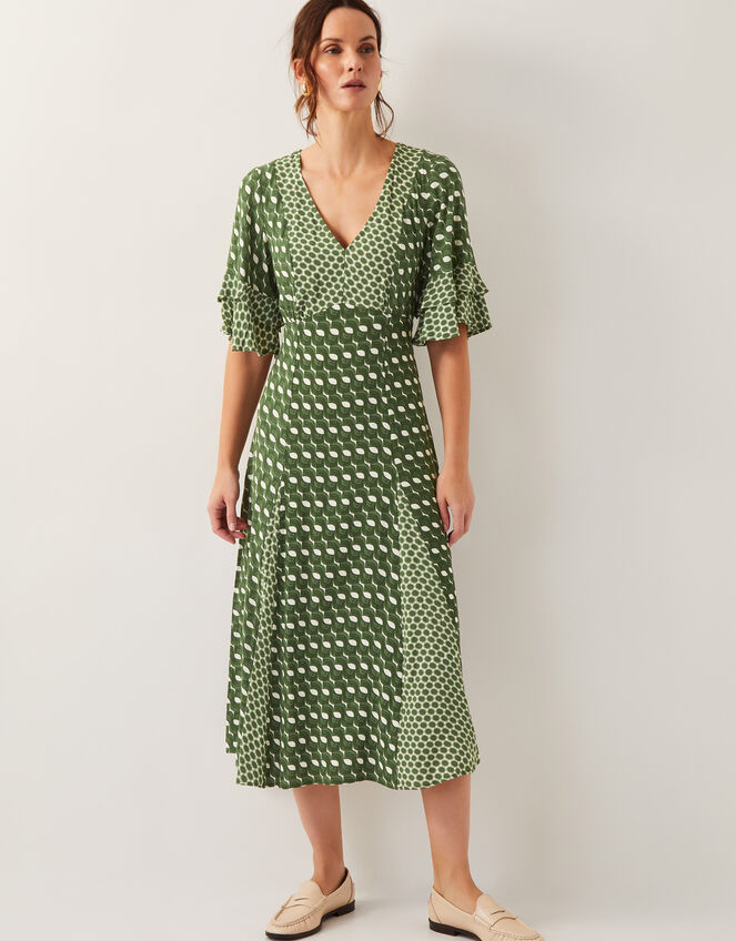 Maren Geometric Print Midi Tea Dress, Green (KHAKI), large