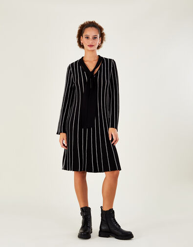 Metallic Highlight Trapeze Dress with Sustainable Cotton, Black (BLACK), large
