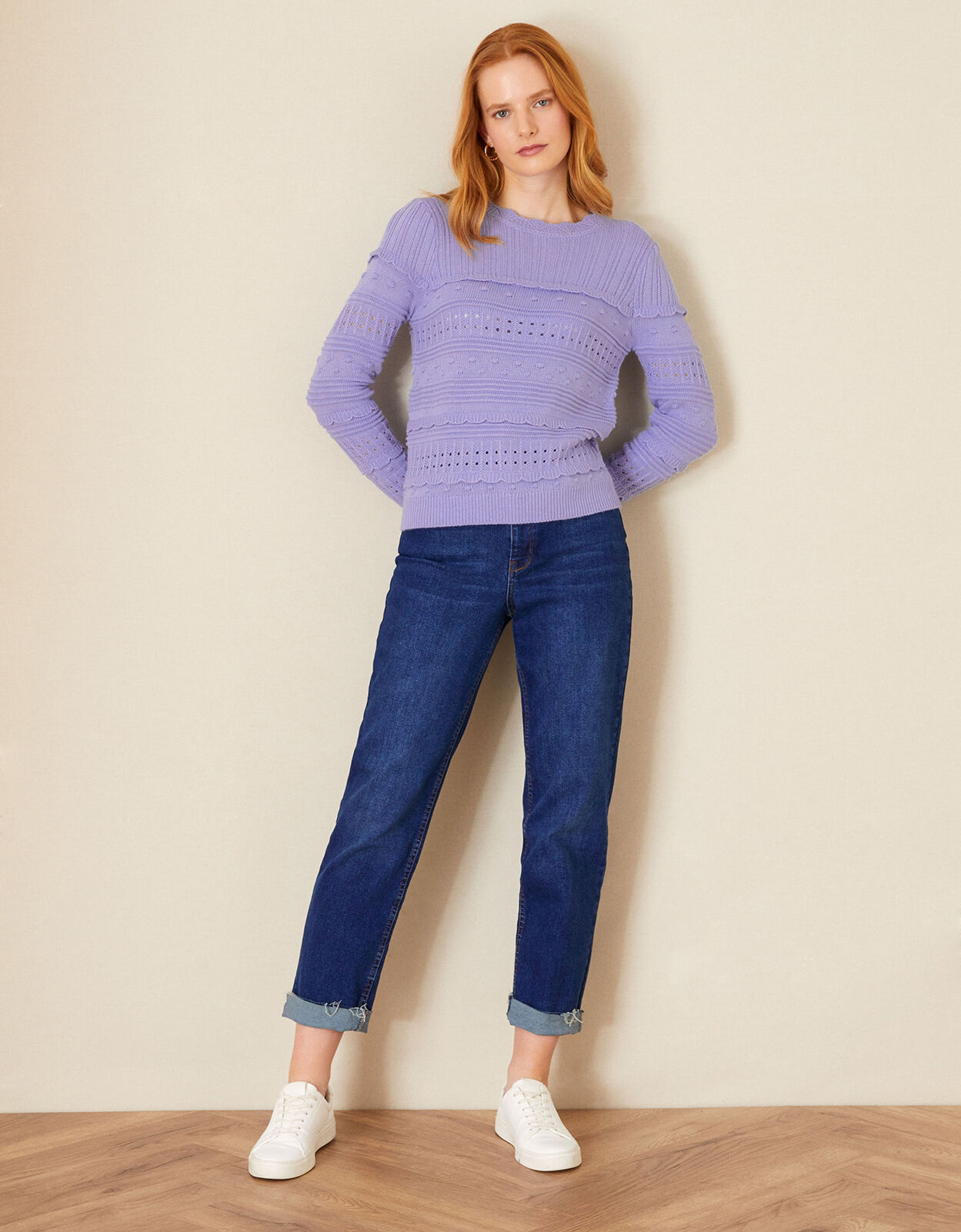 Monsoon Pointelle Stitch Scallop Detail Cotton J, Purple, Size XL, Women