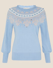 Fair Isle Sequin Jumper, Blue (BLUE), large