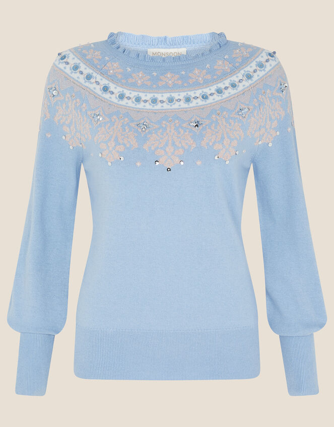 Fair Isle Sequin Jumper, Blue (BLUE), large