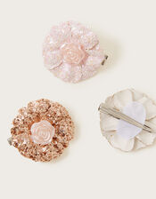Girls Glitter Flower Clips Set of Three, , large