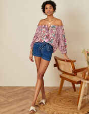 Floral Border Print Bardot Top in LENZING™ ECOVERO™ , Ivory (IVORY), large