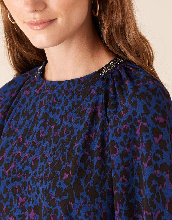 Animal Print Beaded Neck Blouse, Blue (BLUE), large