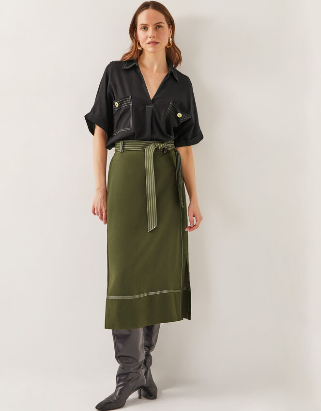 Katya Tie Waist Midi Skirt, Green (KHAKI), large