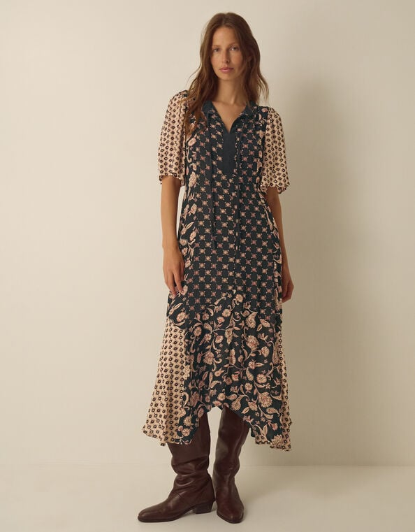 Raquel Patchwork Floral Print Midi Dress, Black (BLACK), large