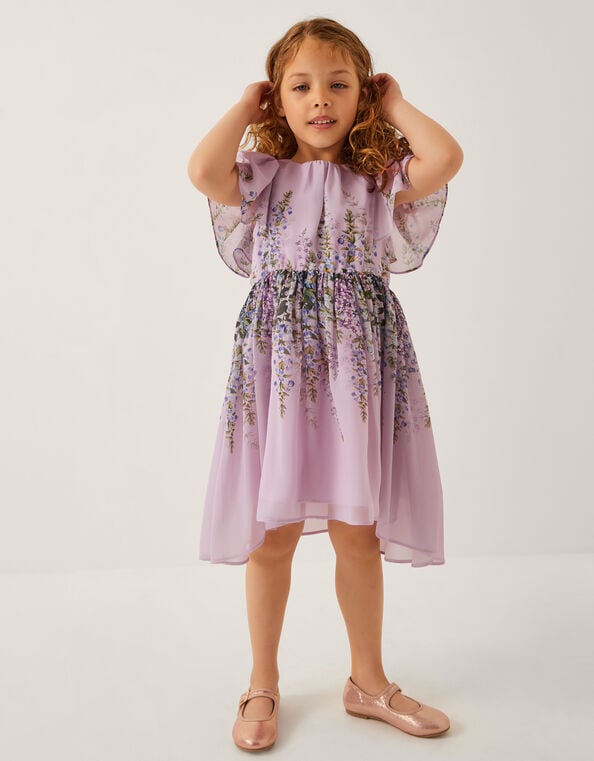 Floral Print Flutter Sleeve Dress, Purple (LILAC), large