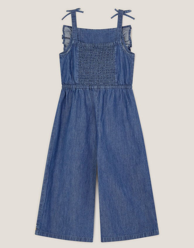 Floral Embroidered Denim Jumpsuit, Blue (BLUE), large