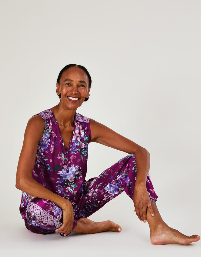 Floral Print Satin Pyjama Top in Recycled Polyester, Red (BERRY), large