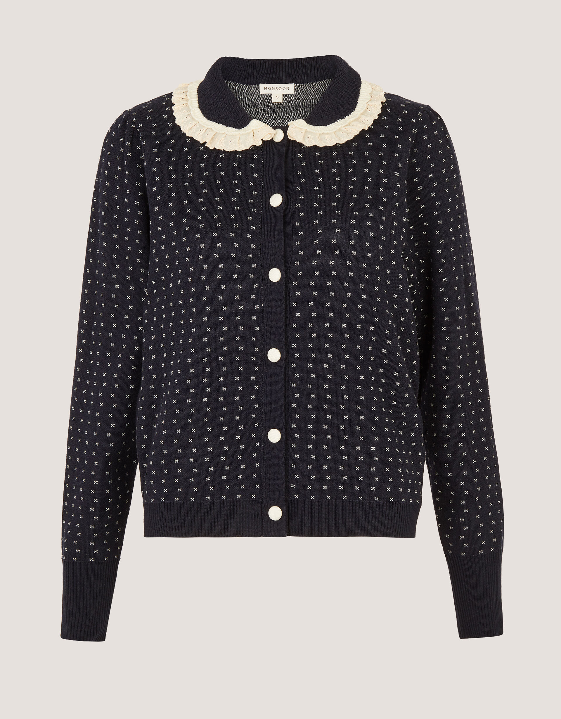 Camila Broderie Collar Cardigan, Blue (NAVY), large