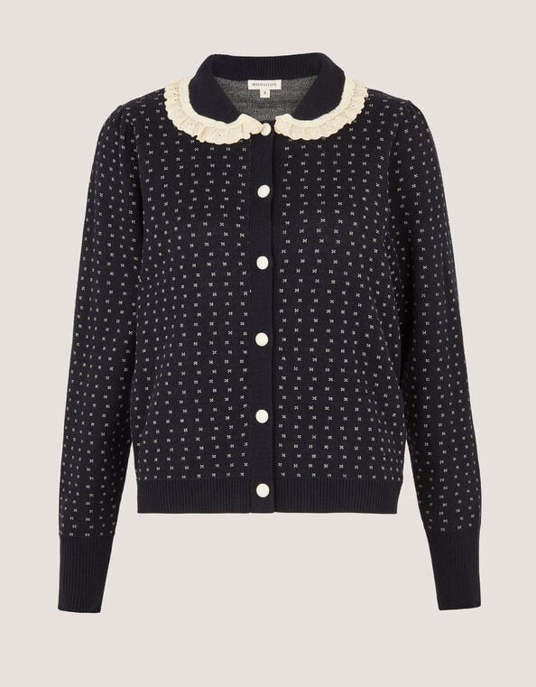 Camila Broderie Collar Cardigan, Blue (NAVY), large