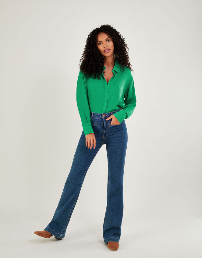 Saskia Button Through Satin Blouse, Green (GREEN), large