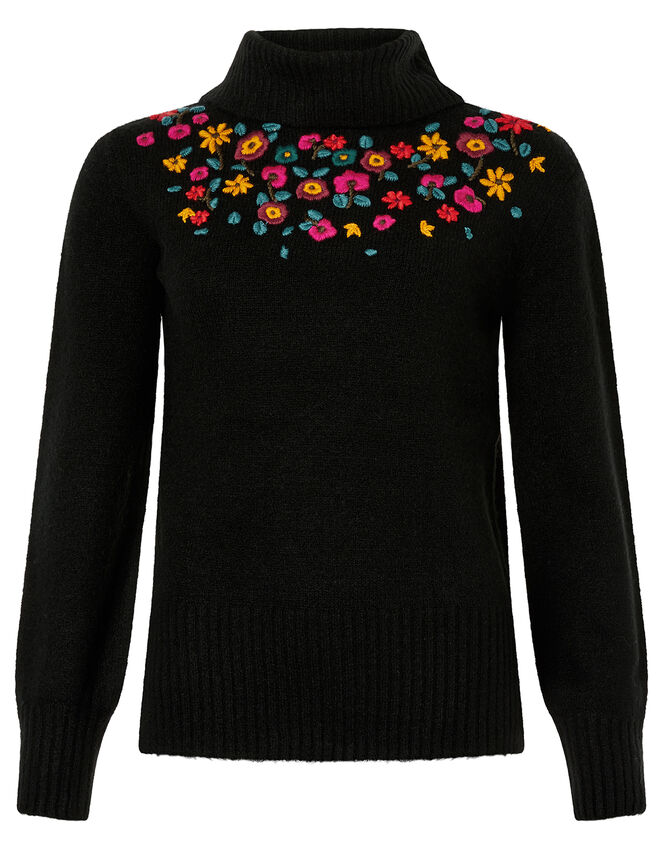 Floral Embroidered Yoke Knit Jumper, Black (BLACK), large